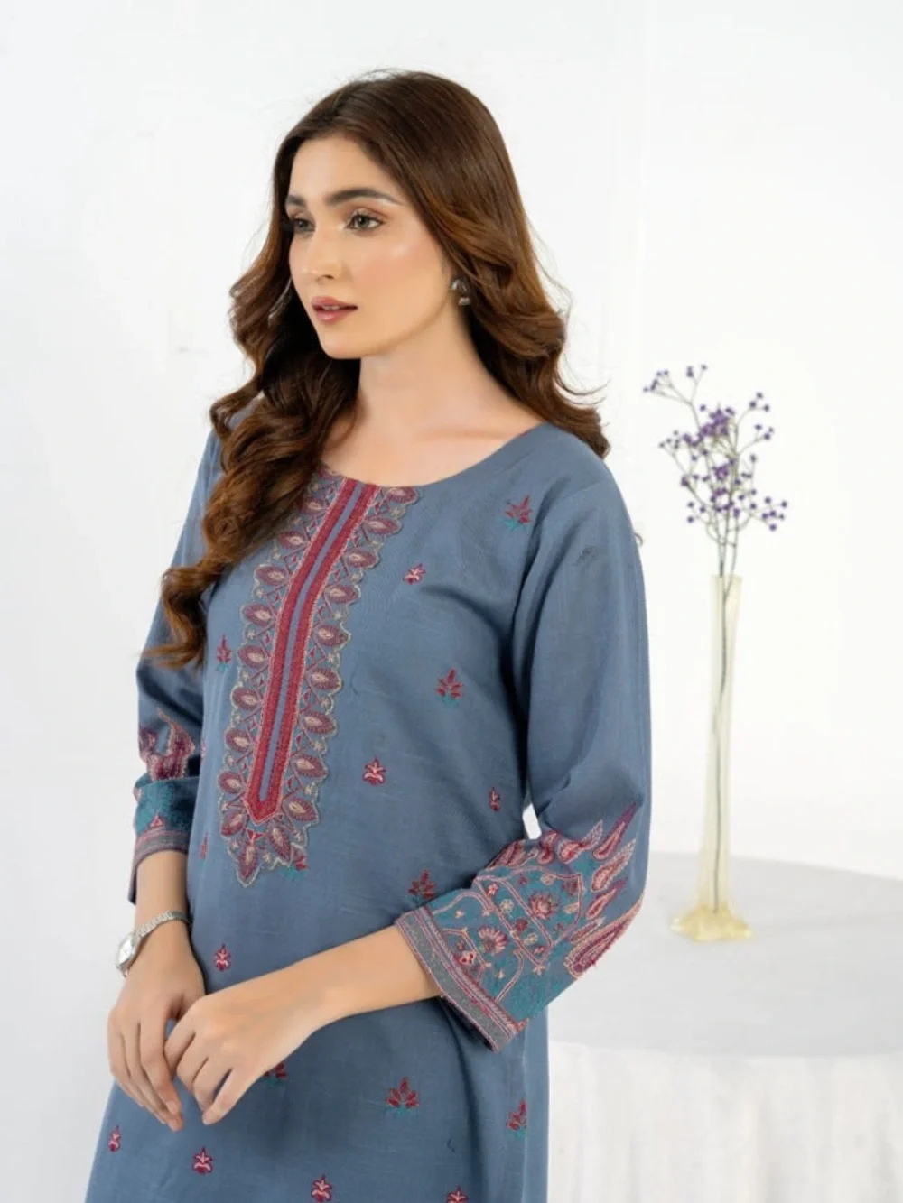 Embroidered Blue Cotton Kurta Set - Women's Tunic & Pants